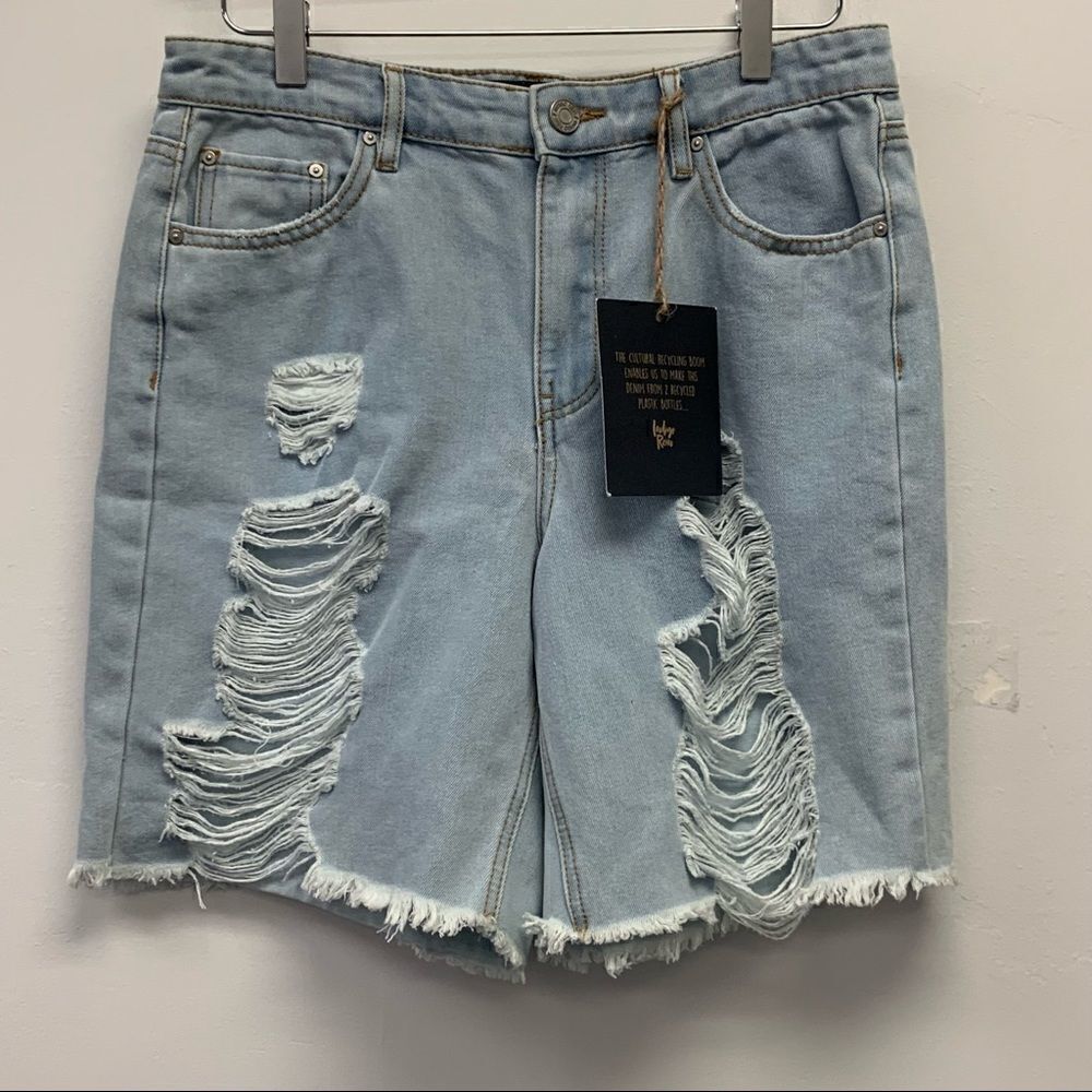 Indigo Rein Recycled Super High Rise Distressed Denim Bermuda Shorts, Size 11/29